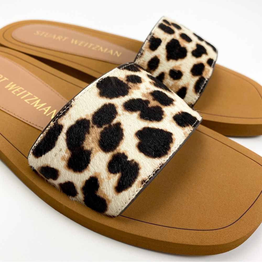 NIB Stuart Weitzman Delilah Leopard Print Calf Hair Slides Size 9.5